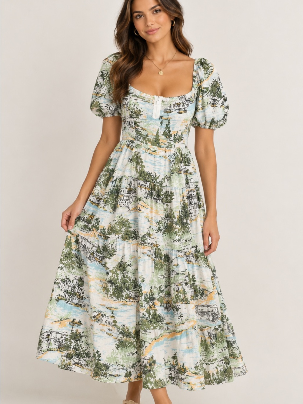 Sugarlips Scenic Print Puff-Sleeve Maxi Dress in Green, Blue, White, size L.